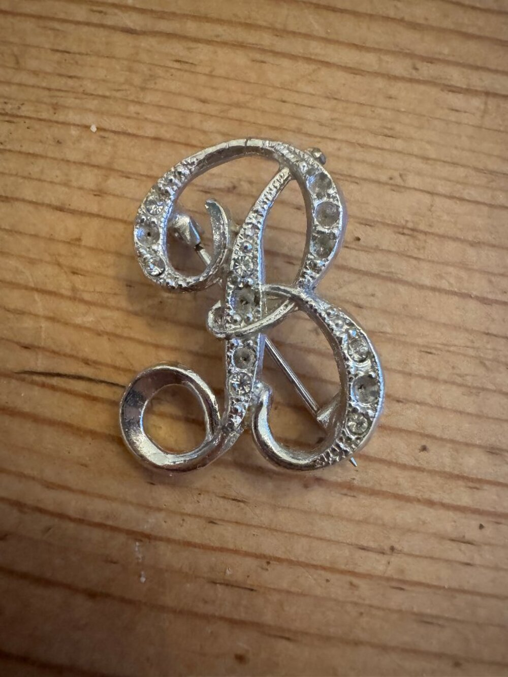 Vintage Letter B Initial Brooch Pin Silver Tone Rhinestone Script Monogram As Is